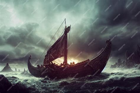 Premium Photo | Vikings battle ship in the middle of stormy sea
