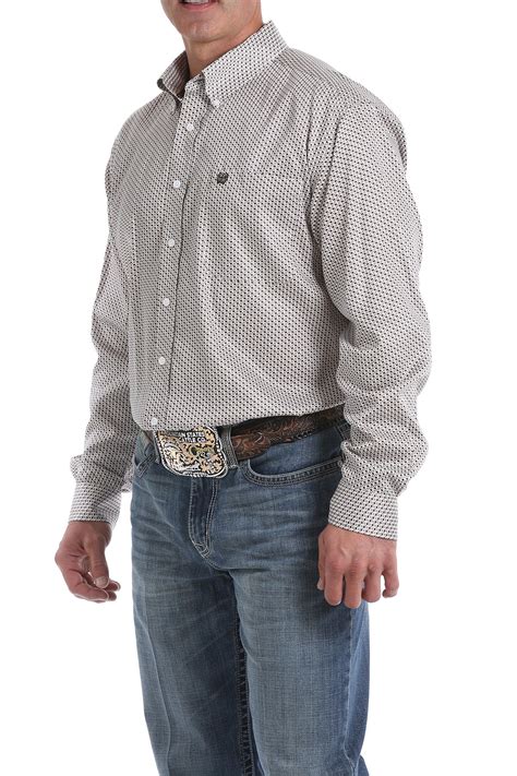 Cinch Jeans Mens Tencel White Khaki And Black Geometric Print Button