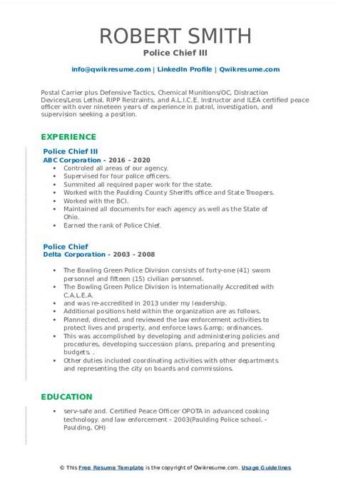 To land a job, you need to impress hiring managers with an outstanding resume. Police Chief Resume Samples | QwikResume