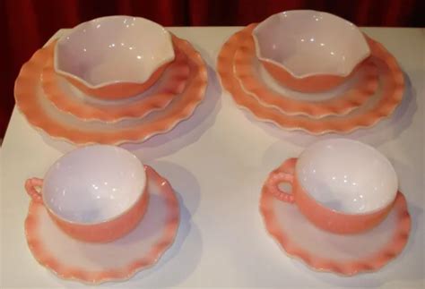 10 PC HAZEL Atlas Pink Crinoline Ripple Ruffled Milk Glass Cups Bowls