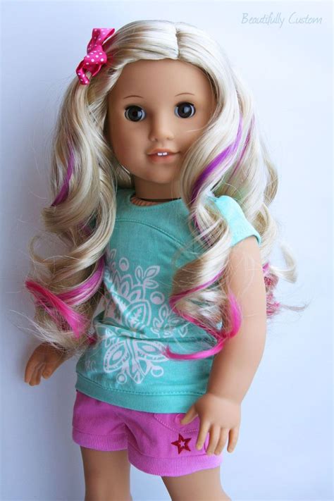 custom american girl doll  pink highlights curly blonde hair brown eyes wigs  pink