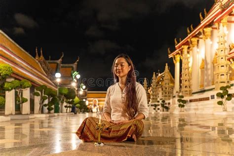 Portrait Asian Buddhist Woman Sitting For Meditation To Pay Respect Stock Image Image Of