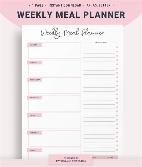 Weekly Meal Plan Printable Meal Planner Template Grocery Etsy Australia