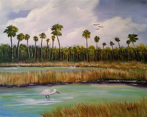 Original Florida Highwaymen Style Acrylic Landscape Painting Intracoastal Waterway Palm Forest