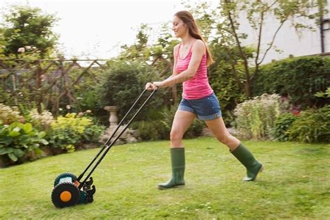 Woman Mowing Lawn With Grass Mower Stock Photo Dissolve