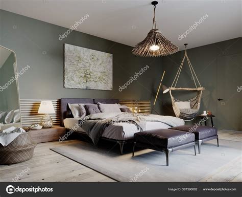 Boho Style Bedroom Interior Olive Color Walls Two Leather Ottomans