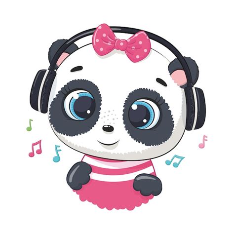 Chica De Panda De Dibujos Animados Lindo Con Auriculares Escucha Música