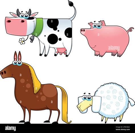 Funny Farm Animals Cartoon And Vector Isolated Characters Stock Vector