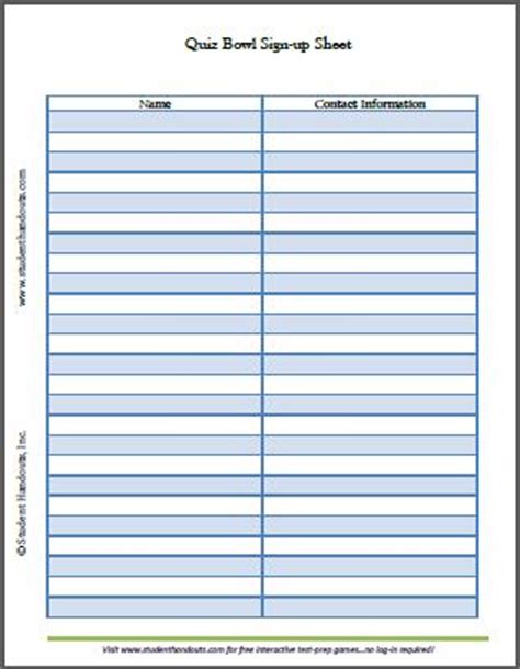 printable quiz bowl sign  sheet student handouts