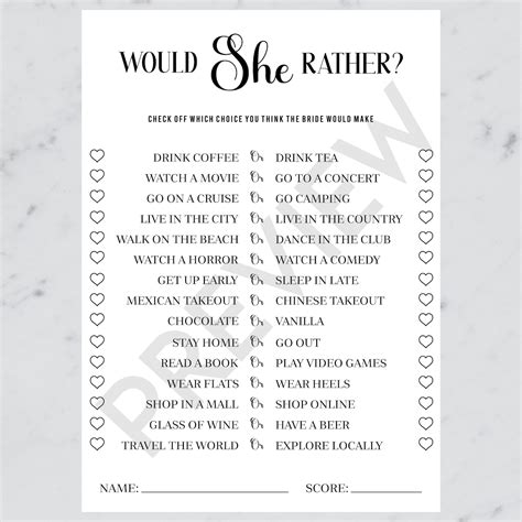 Would She Rather Game For Bridal Shower Games Bachelorette Etsy