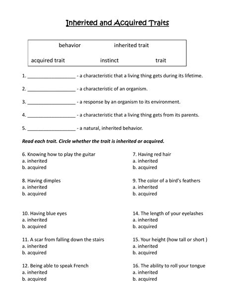 Inherited And Acquired Traits Worksheet Templates Printable Free