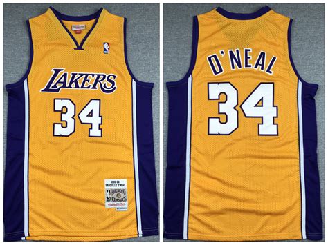 Mens Los Angeles Lakers 34 Shaquille Oneal Gold 1999 00 Throwback