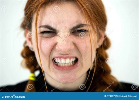 Close Up Portrait Of Angry Redhead Teenage Girl Stock Photo Image Of