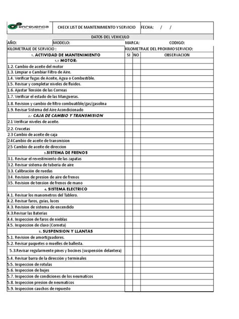 Check List De Mantenimiento Y Serviciosxlsx Estilos De Carrocería