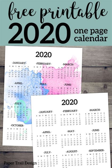 Calendar 2020 Printable One Page Paper Trail Design Calendar 2020