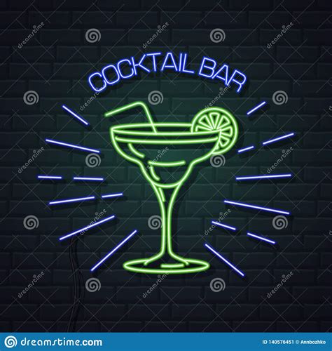Neon Sign Cocktail Bar On Brick Wall Background Vintage Electric Signboard Stock Vector