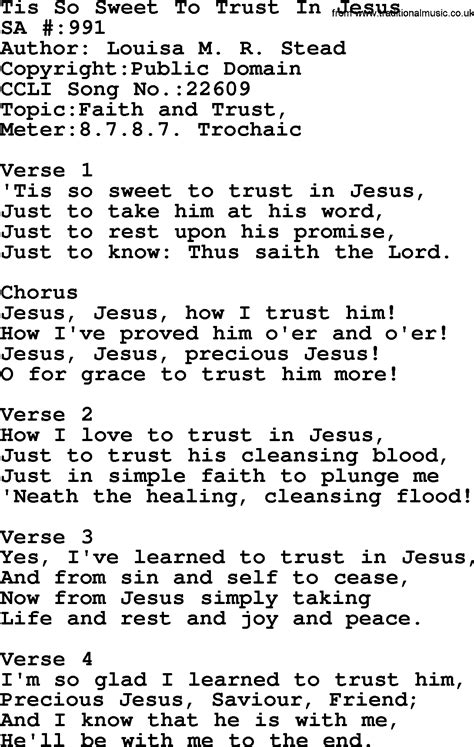 Salvation Army Hymnal Song Tis So Sweet To Trust In Jesus With Lyrics