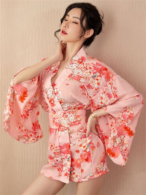 Sexy Kimono Costume Floral Print Dress Milanoo