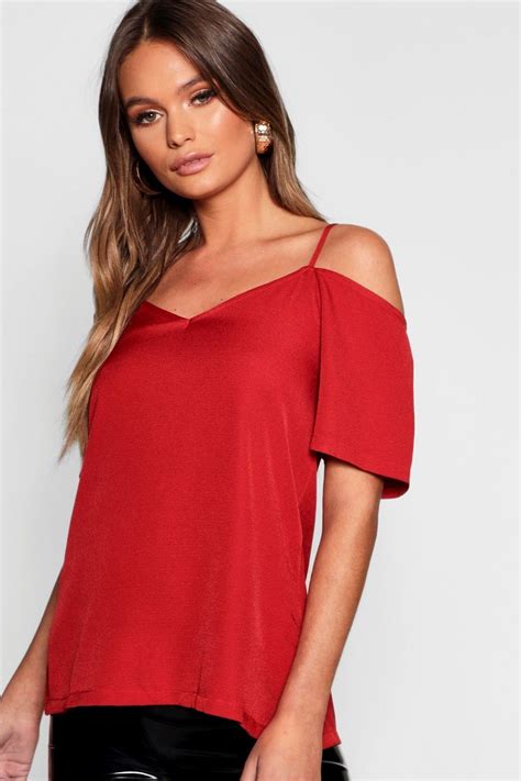 Red Woven Strappy Open Shoulder Top Open Shoulder Tops Womens Dressy