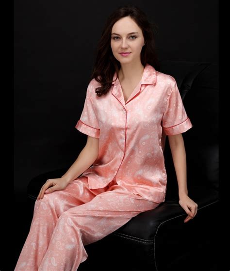 Women Pajamas Summer Style Print Silk Short Sleeve Top Pants Pajamas