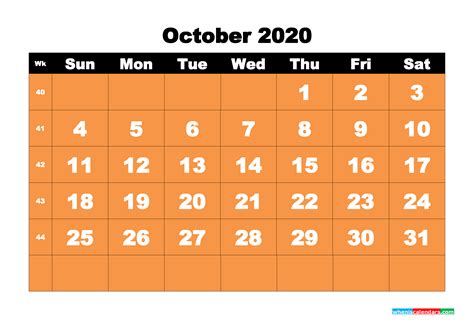 October 2020 Blank Calendar Printable Nom20b70