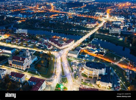 Grodno Belarus Night Aerial Birds Eye View Of Hrodna Cityscape