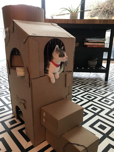 Cardboard Cat Den In 2020 Cardboard Playhouse Cardboard Crafts