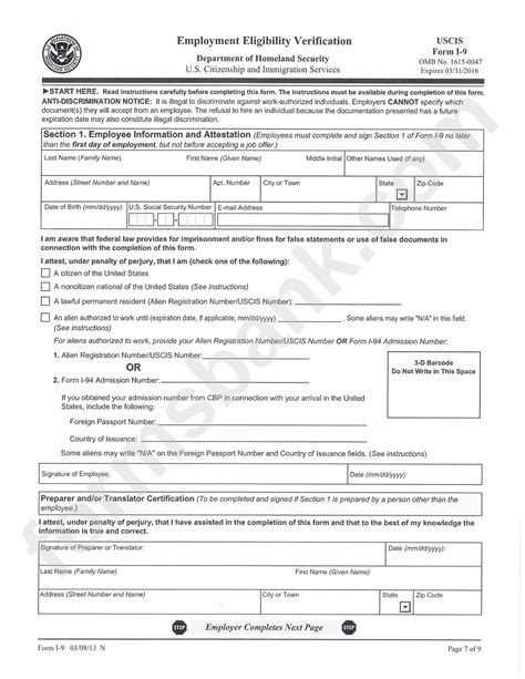 Form I 9 Employment Eligibility Verification Printable Pdf Download