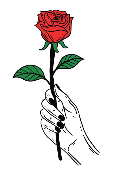Women Hand Holding Rose Flower Gesture Flat Line Art Illustration