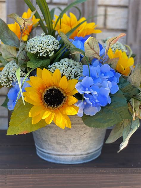 Sunflowers And Hydrangea Flower Arrangement Metal Planter And Flower