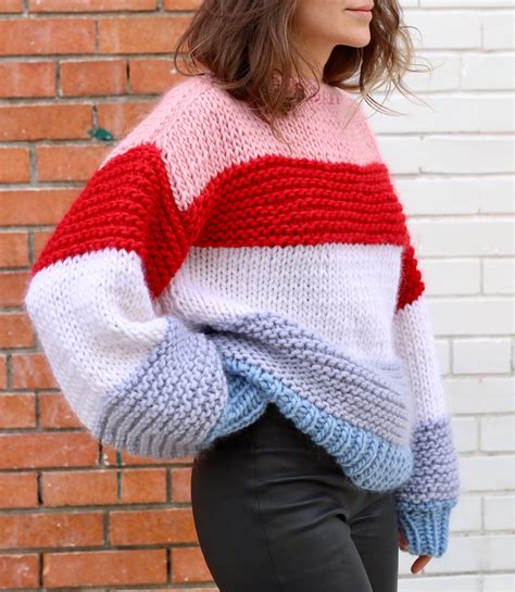 Striped Oversized Chunky Sweater 100 Merino Wool Handmade In Nyc Usa