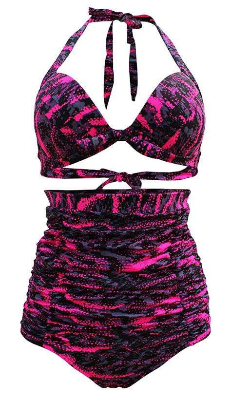 Cocoship Retro Red Leopard Polka Floral Print High Waist Bikini Swimsuits Fba
