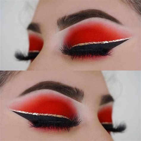 Bold Red Smokey Eye With Gold And Black Winged Eyeliner By