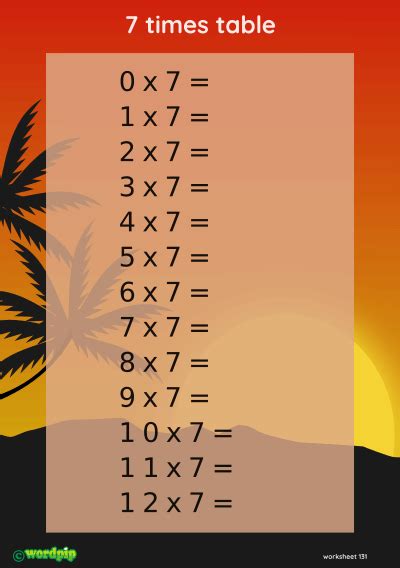7 Times Table Worksheet With A Sunset Background
