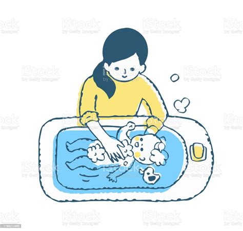 Mother Washing Baby In Baby Bathtub Stock Illustration Download Image