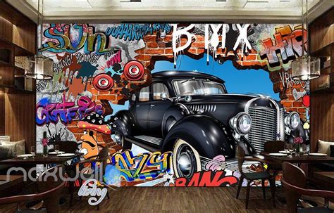3d Graffiti Vintage Car Break Wall Murals Wallpaper Wall Art Decals