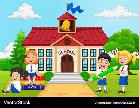 Cartoon Group Elementary School Kids In Sch Vector Image
