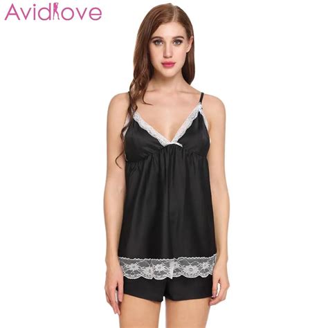 Avidlove Women Sleepwear Sleeveless Nightwear Lace Trim Satin Cami Top Pajama Sets Sexy Lingerie