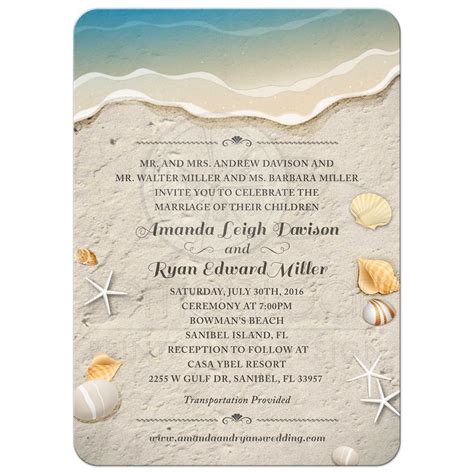 A destination wedding needn't cost a fortune or involve a flight halfway around the globe. Beach Wedding invitation - Waters Edge Seashells and Sand