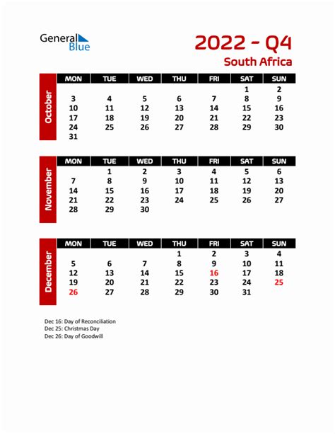 Three Month Calendar For South Africa Q4 Of 2022