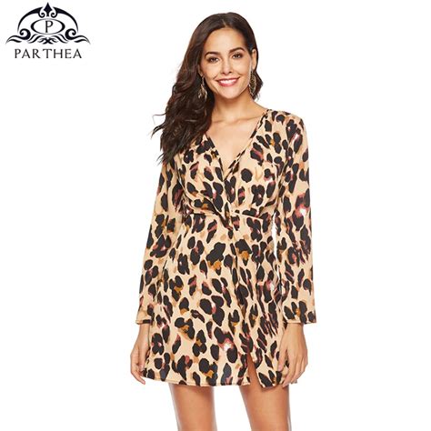 parthea leopard print dress women spring long sleeve v neck hem front slit sexy dress fashion a