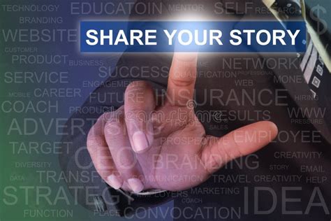 Businessman Touching Share Your Story Button On Virtual Screen Stock