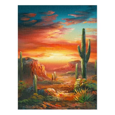 Painting Of A Colorful Desert Sunset Painting Postcard In