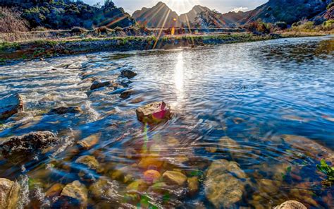 Download Wallpapers River Morning Stones Water Mountains Coast