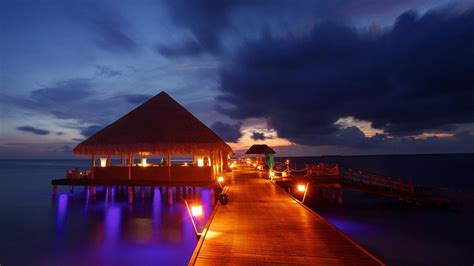 Wallpaper Maldives Night Docks Lights Beautiful And