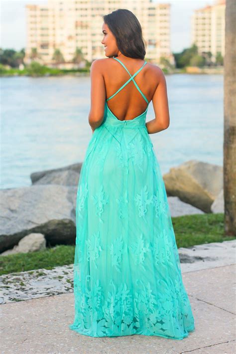 Light Green Floral Tulle Maxi Dress With Criss Cross Back Maxi