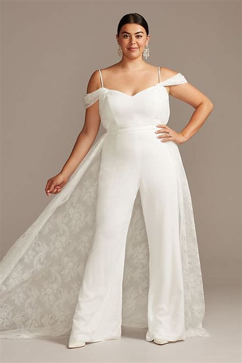 off shoulder plus size wedding jumpsuit with train david s bridal wedding dress jumpsuit