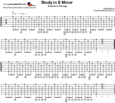 Study In E Minor Tarrega Classical Guitar Tab Guitar Tabs