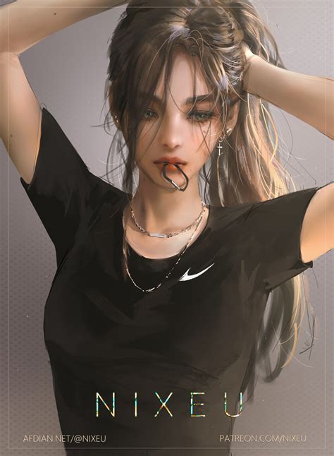 Nixeu Nike Company Original Highres 1girl Arms Up Artist Name Black Shirt Brown Hair