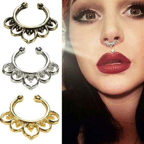 New 1pc Women Septum Clip Jewelry Variety Fake Septum Nose Rings Crystal Gold Faux Piercing Nose